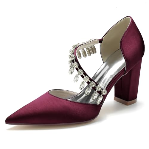 JMdfcqer Spitzschuh Damen Strass Satin Brautschuhe Geschlossene Zehen 8.5CM Blockabsatz Absatzschuhe,Burgundy,43 EU von JMdfcqer