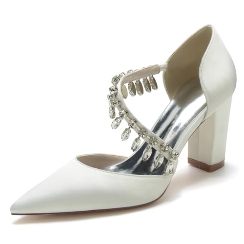 JMdfcqer Spitzschuh Damen Strass Satin Brautschuhe Geschlossene Zehen 8.5CM Blockabsatz Absatzschuhe,Elfenbein,37 EU von JMdfcqer
