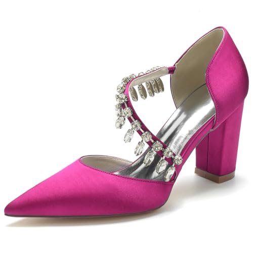 JMdfcqer Spitzschuh Damen Strass Satin Brautschuhe Geschlossene Zehen 8.5CM Blockabsatz Absatzschuhe,Fuchsia,39 EU von JMdfcqer