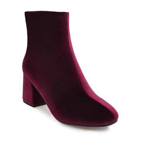 JMdfcqer Stiefeletten Für Damen Blockabsatz Seitlicher Reißverschluss Wildleder Kurze Stiefel,Rot,41 EU von JMdfcqer
