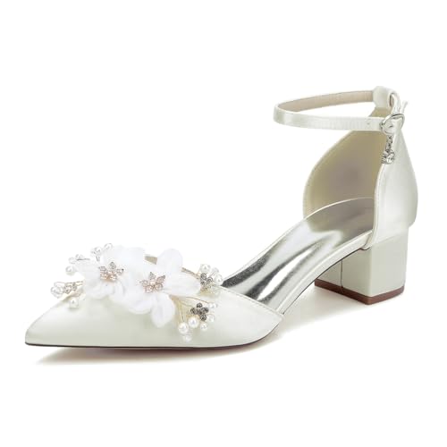JMdfcqer Weiß Satin Hochzeitsschuhe Damen Spitze Zehen Knöchelriemen Blockabsatz Partei Abendschuhe Brautschuhe,Elfenbein,39 EU von JMdfcqer