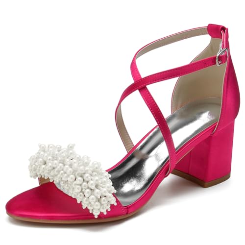 Sandalen Damen Kreuz Riemchen Blockabsatz Pumpen Offener Zeh Hochzeit Brautschuhe mit Perle,Fuchsia,43 EU von JMdfcqer