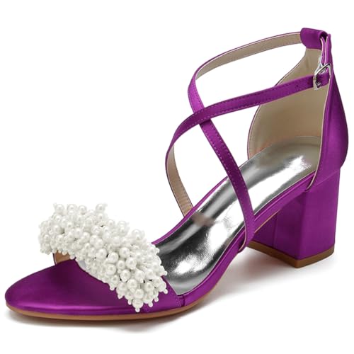 Sandalen Damen Kreuz Riemchen Blockabsatz Pumpen Offener Zeh Hochzeit Brautschuhe mit Perle,Lila,41 EU Sandalen Damen Kreuz Riemchen Blockabsatz Pumpen Offener Zeh Hochzeit Brautschuhe mit Perle,Lila,41 EU von JMdfcqer