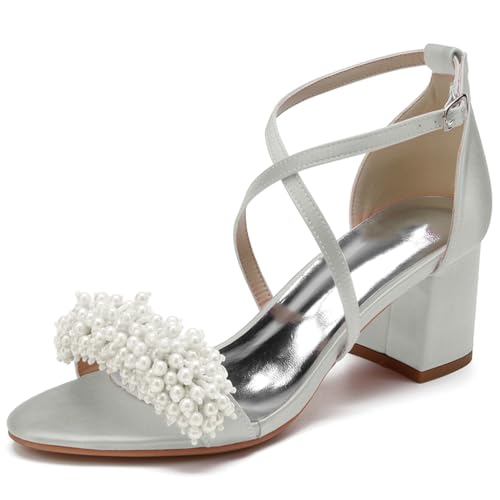 Sandalen Damen Kreuz Riemchen Blockabsatz Pumpen Offener Zeh Hochzeit Brautschuhe mit Perle,Silber,39 EU von JMdfcqer