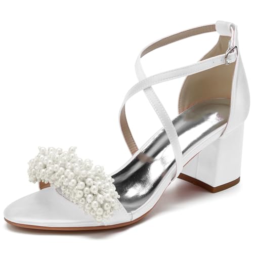 Sandalen Damen Kreuz Riemchen Blockabsatz Pumpen Offener Zeh Hochzeit Brautschuhe mit Perle,Weiß,41 EU von JMdfcqer