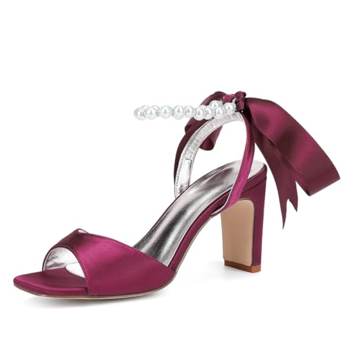 Sandalen Damen mit Perle Knöchelriemen Offener Zehen Sandaletten Sommerschuhe Klassische Blockabsatz Schuhe,Burgundy,36 EU von JMdfcqer