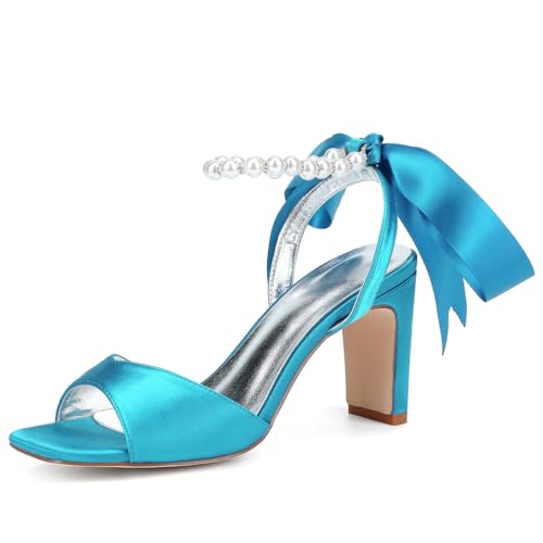 Sandalen Damen mit Perle Knöchelriemen Offener Zehen Sandaletten Sommerschuhe Klassische Blockabsatz Schuhe,Cyan,43 EU von JMdfcqer