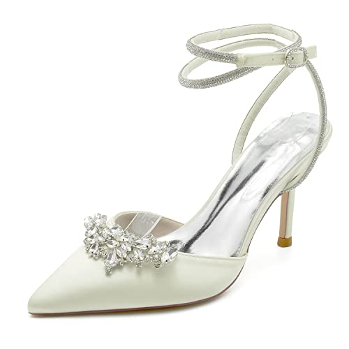 Sommer Sandalen Damen Strass Knöchelriemen Spangenpumps Stöckel Absatz Hochzeitsschuhe Brautschuhe,Elfenbein,40 EU von JMdfcqer