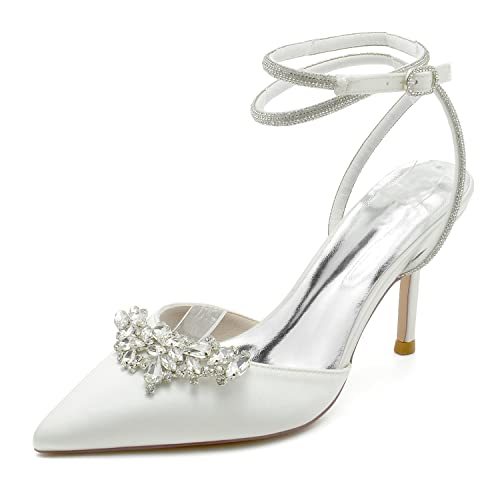Sommer Sandalen Damen Strass Knöchelriemen Spangenpumps Stöckel Absatz Hochzeitsschuhe Brautschuhe,Weiß,40 EU von JMdfcqer