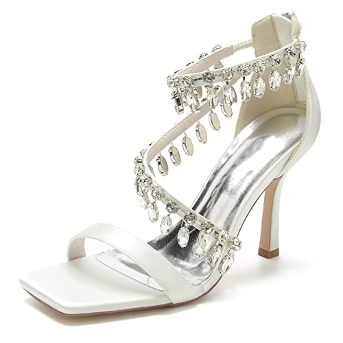 Sommer Sandalen Quadratischer Offener Zeh Strass Knöchelriemen Stöckel Absatz Hochzeitsschuhe mit Reißverschluss,Elfenbein,42 EU Sommer Sandalen Quadratischer Offener Zeh Strass Knöchelriemen Stöckel Absatz Hochzeitsschuhe mit Reißverschluss,Elfenbein,42 EU von JMdfcqer