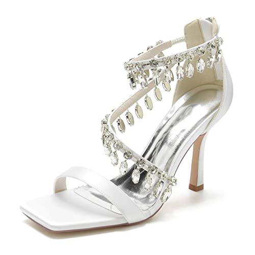 Sommer Sandalen Quadratischer Offener Zeh Strass Knöchelriemen Stöckel Absatz Hochzeitsschuhe mit Reißverschluss,Weiß,38 EU von JMdfcqer