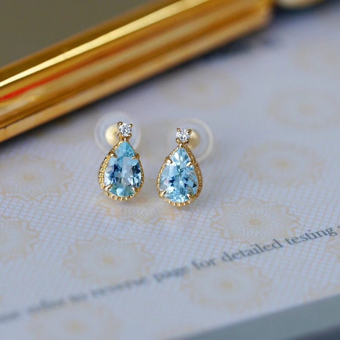 Aquamarin Ohrringe, Birthstone Birne Ohrringe Ohrstecker, Edelstein Diamant Brautschmuck Geschenk Für Sie Jahrestag Muttertagsgeschenk von JMgemsDesign