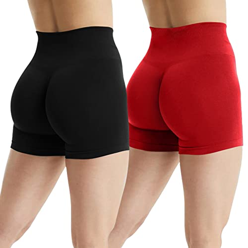 2-teilige gerippte Leggings mit hoher Taille für Damen, nahtlose Bauchkontrolle, Fitnessstudio, Workout, Yoga, Laufen, Kompressions-Leggins, schwarz/red, L von JN JANPRINT