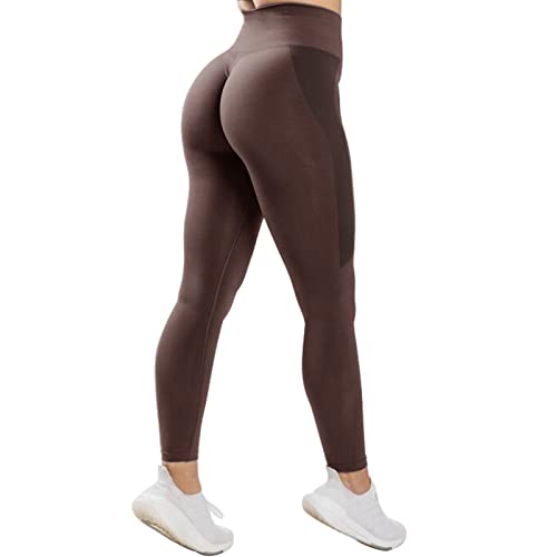 Damen Hohe Taille Sport Leggings Blickdicht Scrunch Butt Sporthose Slim Fit Yogahose mit BauchkontrolleNahtlose Push Up Booty Leggins Hose Laufhose Tight für zum Fitness Laufen Radfahren(Braun,S) von JN JANPRINT