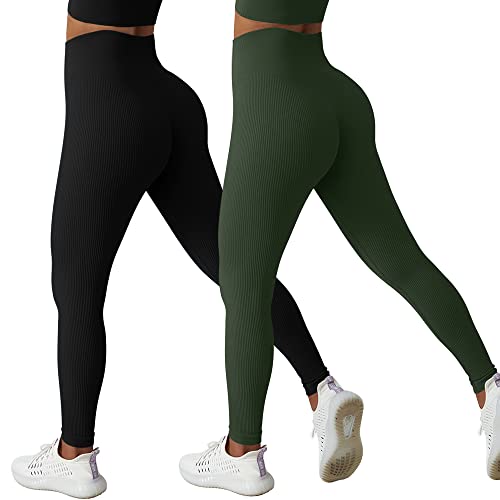 JN JANPRINT 2 Stück Gerippte Hoch Taille Leggings DamenNahtlose Bauch Kontrolle Gym Workout Yoga Hosen Laufen Kompression Leggins von JN JANPRINT