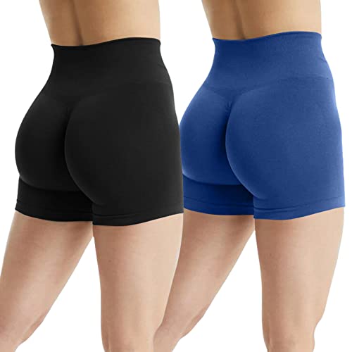 JN JANPRINT 2er-Pack Gym Shorts Damen Butt Scrunch Kurze Sporthose Laufhose Hohe Taille Leggings Kurz Radlerhosen Butt Lift Booty Nahtlos Fitness Sport Shorts(Schwarz/Blau,L) von JN JANPRINT