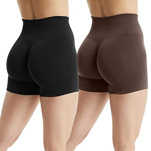 JN JANPRINT 2er-Pack Gym Shorts Damen Butt Scrunch Kurze Sporthose Laufhose Hohe Taille Leggings Kurz Radlerhosen Butt Lift Booty Nahtlos Fitness Sport Shorts(Schwarz/Braun,L) von JN JANPRINT