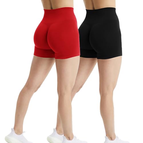 JN JANPRINT 2er-Pack Gym Shorts Damen Butt Scrunch Kurze Sporthose Laufhose Hohe Taille Leggings Kurz Radlerhosen Butt Lift Booty Nahtlos Fitness Sport Shorts(Schwarz/Rot,L) von JN JANPRINT