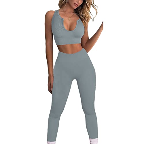 JN JANPRINT Damen 2-Stücke Fitness-Outfit Sets,Yoga Anzug Nahtlose Crop Top hoher Taille Leggings, Gerippte Sport-BH Sportswear Set(Blau,L) von JN JANPRINT