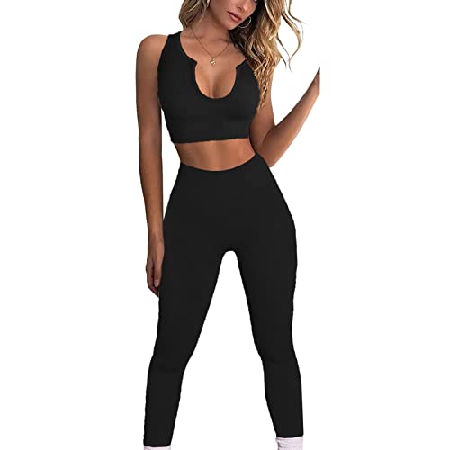 JN JANPRINT Damen 2-Stücke Fitness-Outfit Sets,Yoga Anzug Nahtlose Crop Top hoher Taille Leggings, Gerippte Sport-BH Sportswear Set(Schwarz,L) von JN JANPRINT