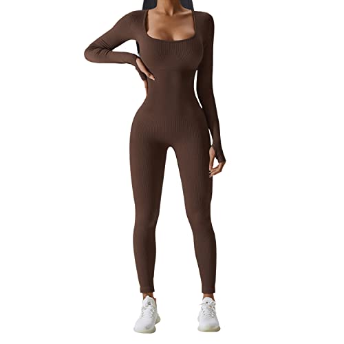 JN JANPRINT Damen Jumpsuit Sport Bodysuit Gerippte Lang Eng Yoga Bodycon Overall Stretch Langarm Strampler Sportanzug jumpsuits Trainingsanzug Einteiligem One-Piece(Braun,M) von JN JANPRINT