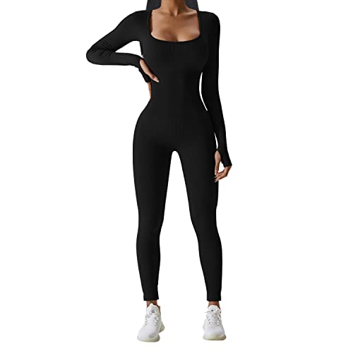 JN JANPRINT Damen Jumpsuit Sport Bodysuit Gerippte Lang Eng Yoga Bodycon Overall Stretch Langarm Strampler Sportanzug jumpsuits Trainingsanzug Einteiligem One-Piece(Schwarz,M) von JN JANPRINT