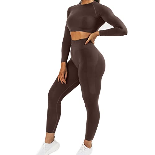 JN JANPRINT Damen Traingsanzug Sport Sets Sportanzüge Jogginganzug Langarm Sport Top und hohe Taille Hosen 2 Stücke Bekleidungssets Yoga Outfit Sportswear Gym Leggings Set(Siegel Braun,M) von JN JANPRINT