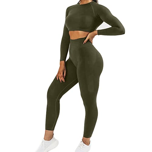 JN JANPRINT Damen Traingsanzug Sport Sets Sportanzüge Jogginganzug Langarm Sport Top und hohe Taille Hosen 2 Stücke Bekleidungssets Yoga Outfit Sportswear Gym Leggings Set(Immergrün,M) von JN JANPRINT