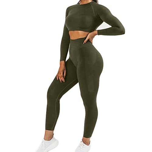 JN JANPRINT Damen Traingsanzug Sport Sets Sportanzüge Jogginganzug Langarm Sport Top und hohe Taille Hosen 2 Stücke Bekleidungssets Yoga Outfit Sportswear Gym Leggings Set(Immergrün,S) von JN JANPRINT