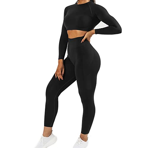 JN JANPRINT Damen Traingsanzug Sport Sets Sportanzüge Jogginganzug Langarm Sport Top und hohe Taille Hosen 2 Stücke Bekleidungssets Yoga Outfit Sportswear Gym Leggings Set(Schwarzer Mergel,S) von JN JANPRINT