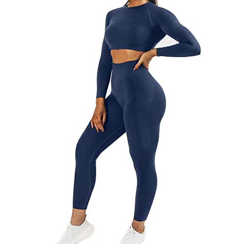 JN JANPRINT Damen Traingsanzug Sport Sets Sportanzüge Jogginganzug Langarm Sport Top und hohe Taille Hosen 2 Stücke Bekleidungssets Yoga Outfit Sportswear Gym Leggings Set(Tuxedo Blau,L) von JN JANPRINT