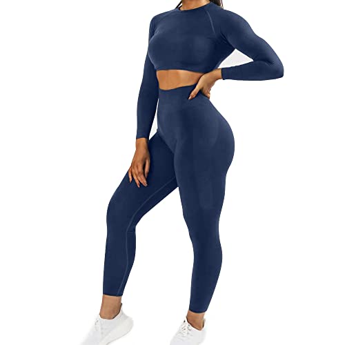 JN JANPRINT Damen Traingsanzug Sport Sets Sportanzüge Jogginganzug Langarm Sport Top und hohe Taille Hosen 2 Stücke Bekleidungssets Yoga Outfit Sportswear Gym Leggings Set(Tuxedo Blau,M) von JN JANPRINT