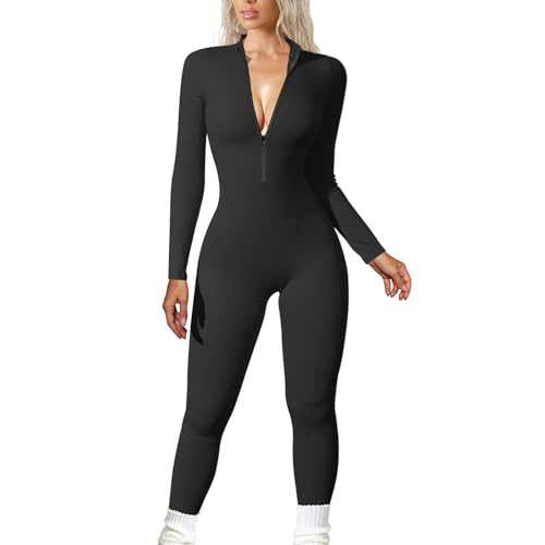 JN JANPRINT Damen Yoga Jumpsuit Eng Lang Sport Overall Langarm Playsuit V-Ausschnitt Reißverschluss Bodycon Strampler Trainingsanzug Slim Einteiler Jogginganzug Club Outfit(Schwarz,L) von JN JANPRINT