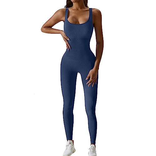 JN JANPRINT Jumpsuit Damen Kuschelig Sport Overall Eng Workout Bodysuit One Piece Tank Tops Strampler Gerippte Jumpsuits Sportanzug Einteiliger(Tuxedo Blau,S) von JN JANPRINT