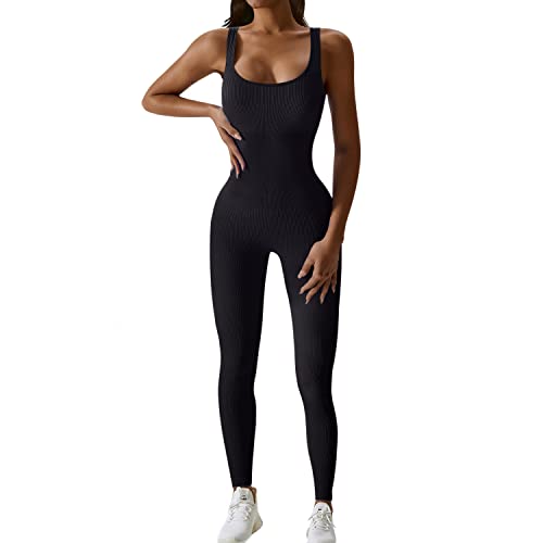 JN JANPRINT Jumpsuit Damen Kuschelig Sport Overall Eng Workout Bodysuit One Piece Tank Tops Strampler Gerippte Jumpsuits Sportanzug Einteiliger(Schwarz,L) von JN JANPRINT