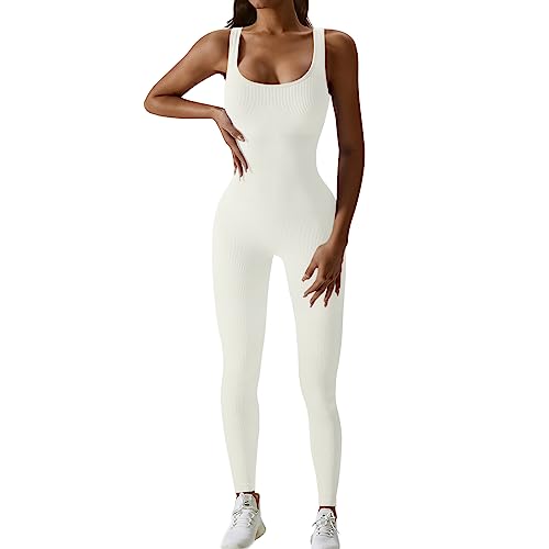 JN JANPRINT Jumpsuit Damen Kuschelig Sport Overall Eng Workout Bodysuit One Piece Tank Tops Strampler Gerippte Jumpsuits Sportanzug Einteiliger(Weiß,S) von JN JANPRINT