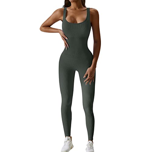 JN JANPRINT Jumpsuit Damen Kuschelig Sport Overall Eng Workout Bodysuit One Piece Tank Tops Strampler Gerippte Jumpsuits Sportanzug Einteiliger(OlivGrün,L) von JN JANPRINT