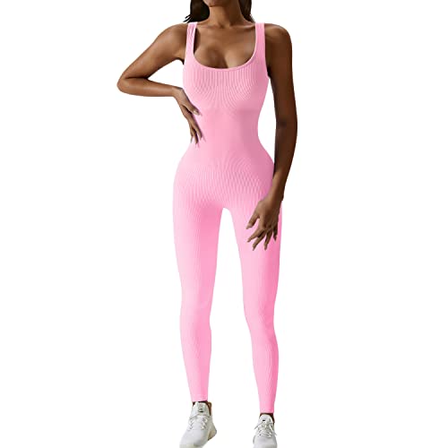 JN JANPRINT Jumpsuit Damen Kuschelig Sport Overall Eng Workout Bodysuit One Piece Tank Tops Strampler Gerippte Jumpsuits Sportanzug Einteiliger(Rosa,L) von JN JANPRINT