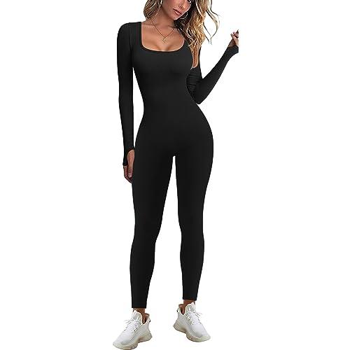 JN JANPRINT Jumpsuit Damen Sport Bodysuit Gerippte Lang Eng Yoga Bodycon Overall Stretch Langarm Strampler Sportanzug Playsuit Trainingsanzug One-Piece(Schwarz,S) von JN JANPRINT