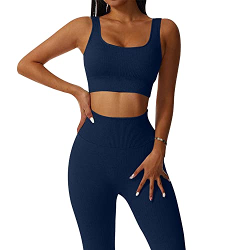 JN JANPRINT Workout-Outfits für Frauen 2-Teiliges Set,Nahtlos Yoga-Outfits Hohe Taille Leggings+Sport-BH Damen Trainingsanzüge Set(Marine Blau,L) von JN JANPRINT