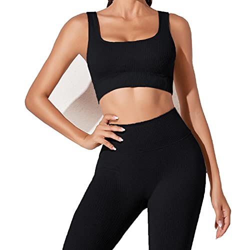 JN JANPRINT Workout-Outfits für Frauen 2-Teiliges Set,Nahtlos Yoga-Outfits Hohe Taille Leggings+Sport-BH Damen Trainingsanzüge Set(Schwarz,M) von JN JANPRINT