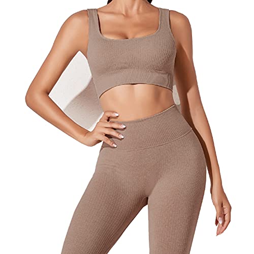 JN JANPRINT Workout-Outfits für Frauen 2-Teiliges Set,Nahtlos Yoga-Outfits Hohe Taille Leggings+Sport-BH Damen Trainingsanzüge Set(Braun,S) von JN JANPRINT