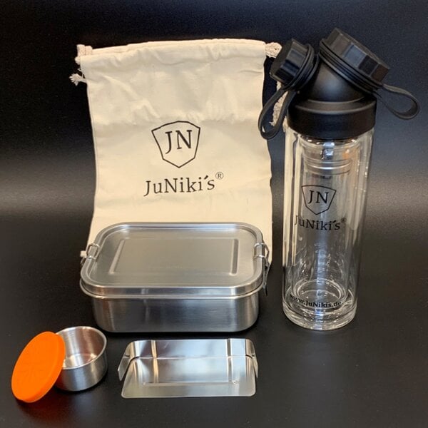 JN JuNiki's Geschenk-Set: JuNiki´s® Lunchbox + doppelwandige Glasflasche mit Trinköffnung und Edelstahl-Teefilter - ideal für die Teepause von JN JuNiki's