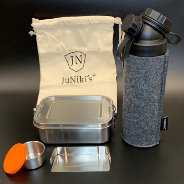 JN JuNiki's Geschenk-Set: JuNiki´s® Lunchbox + doppelwandige Glasflasche mit Trinköffnung und Edelstahl-Teefilter und Filzhülle - ideal für die Teepause von JN JuNiki's