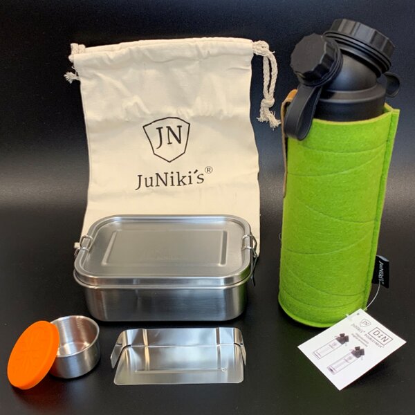 JN JuNiki's Geschenk-Set: JuNiki´s® Lunchbox + doppelwandige Glasflasche mit Trinköffnung und Edelstahl-Teefilter und Wollfilzhülle - ideal für die Teepause von JN JuNiki's