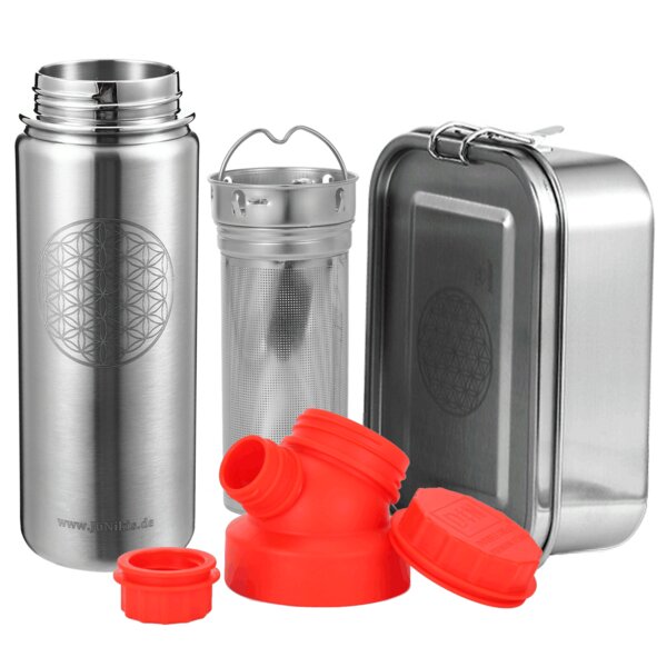 JN JuNiki's Set "Blume des Lebens": Lunchbox + 550ml Edelstahltrinkflasche + Teefilter von JN JuNiki's