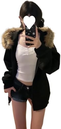 JNBFCDY Y2k Zip Up Hoodie Pelz Jacken Wintermäntel Teen Emo Grunge 2000s Kleidung Vintage Streetwear Frauen (Schwarz,XL) von JNBFCDY