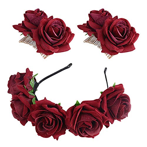 (3 stk) 1 Rose Haarband 2 Haarkämme Damen Kopfband Mädchen Haarreifen mit Blumen Haarschmuck Frauen Haarspange für Hochzeit Halloween Karneval Haarkamm Haarklammer Haarclips Schmuck Haarklemme von JNCH