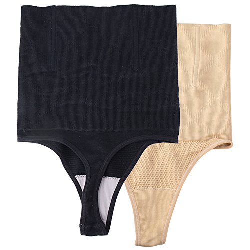 JNCH (Schwarz + Hautfarbe) 2 Stück Miederslip Damen Mieder String figurenformend mit Bauch Weg Effekt Miederpants Miederhose Butt Lifter Shaper Shapewear Miederslips von JNCH