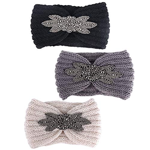 3 Stk | 3 Farben Stirnbänder Damen Headband Mädchen Kopfband Frauen Kopfbänder Stirnband Winter Herbst Frühling Haarbänder Haarband Wolle Haarreife Haarreifen Haarsch (Stil A, Grau + Schwarz + Creme) von JNCH